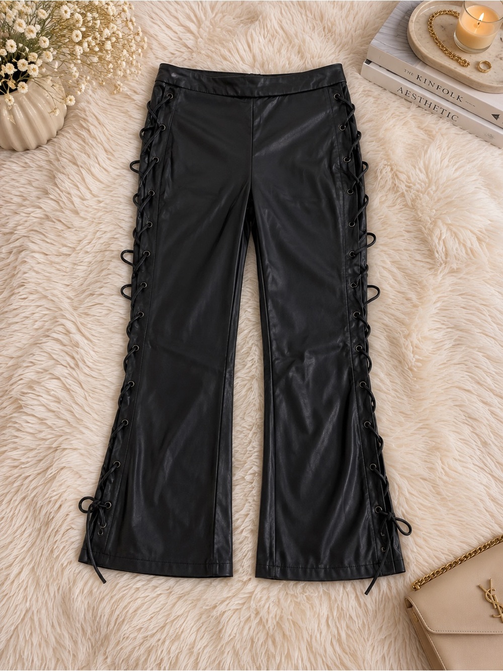 Black Faux Leather Lace-Up Flare Pants
